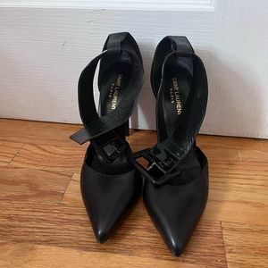 Saint Laurent black leather ankle buckle heels